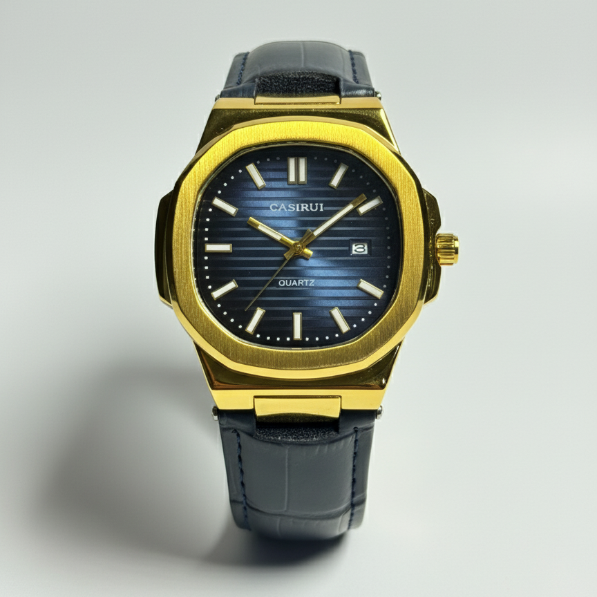 Luxury Gold-Tone Men's Watch with Navy Sunburst Dial