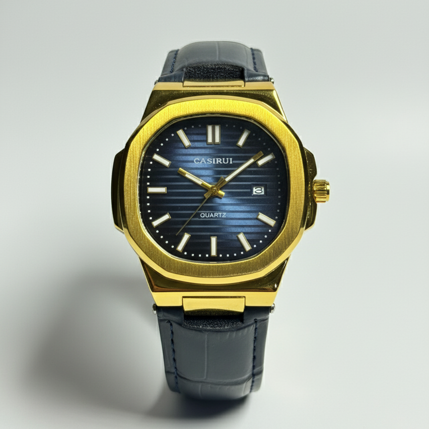 Two-Tone Men's Watch with Textured Brown Teak Dial and Leather Strap