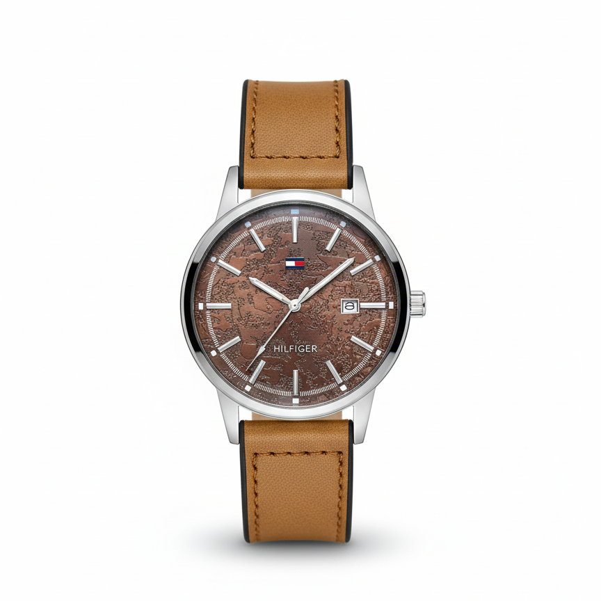 Classic Silver-Tone Watch with Embossed Beige Dial and Leather Strap