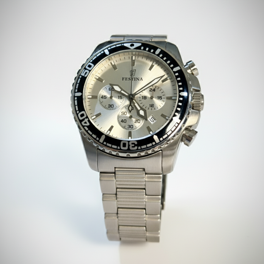 Sporty Steel Chronograph with Silver Dial