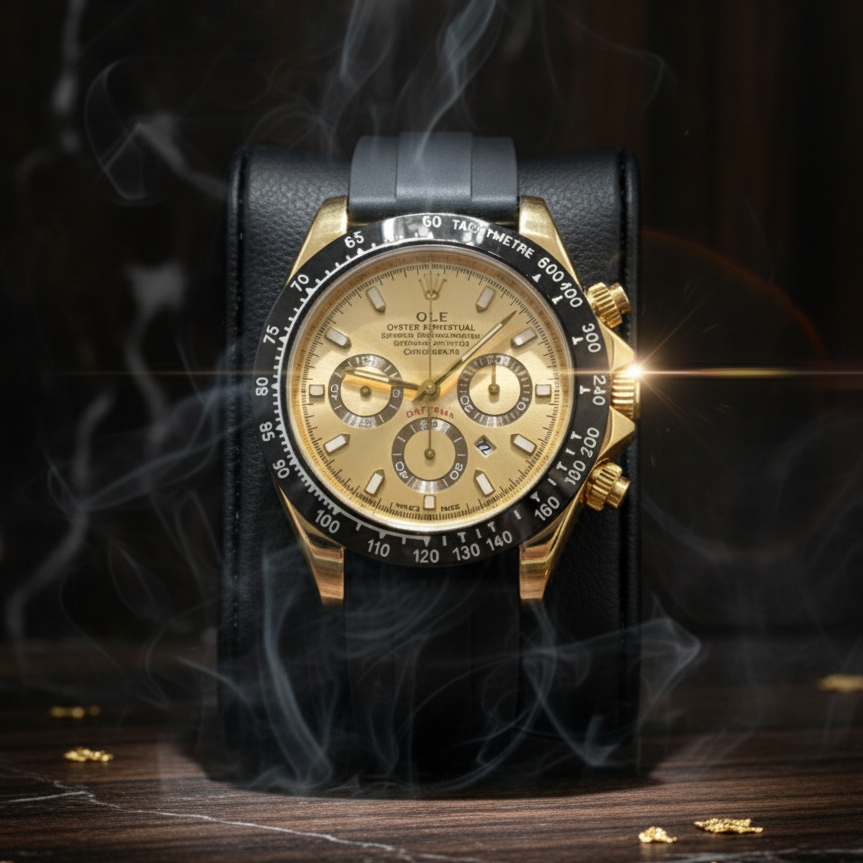 Luxury Gold Chronograph Men's Watch with Black Rubber Strap