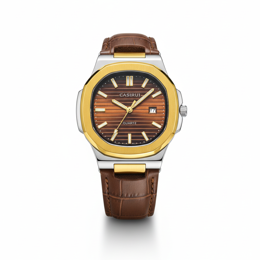 Two-Tone Men's Watch with Textured Brown Teak Dial and Leather Strap