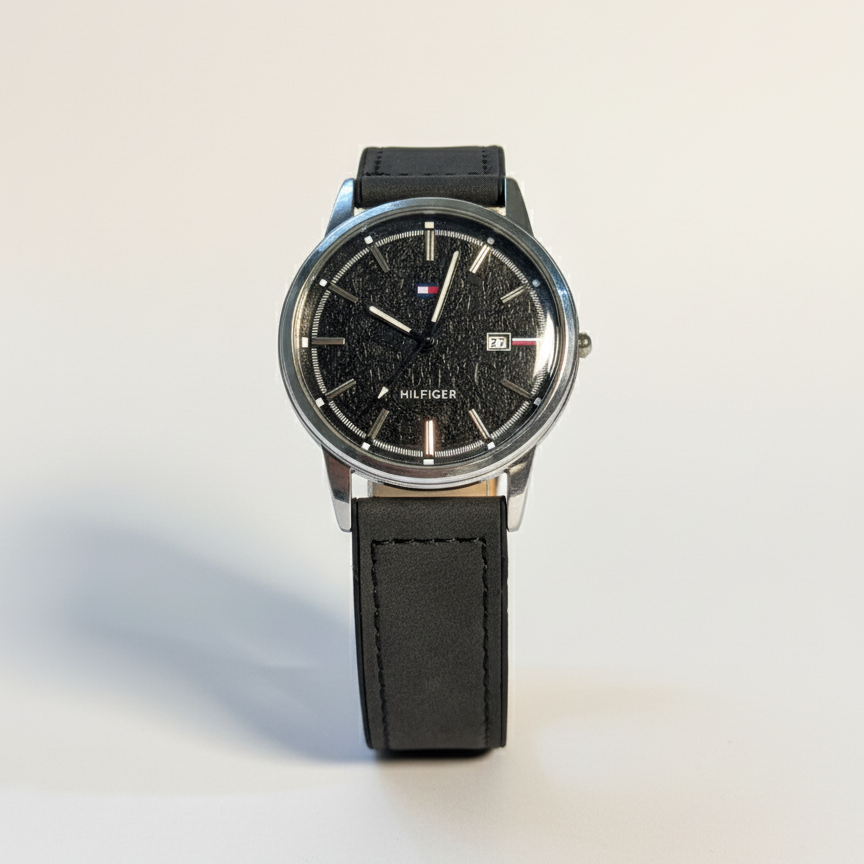 Classic Silver-Tone Watch with Embossed Beige Dial and Leather Strap