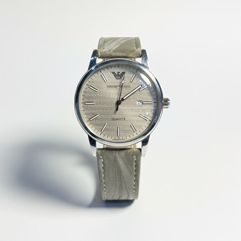 Classic Silver-Tone Watch with Embossed Beige Dial and Leather Strap