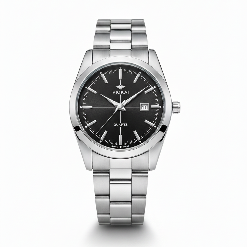 Classic Steel Watch with Charcoal Sunburst Dial