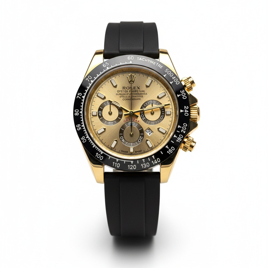 Golden Chronograph with Black Rubber Strap