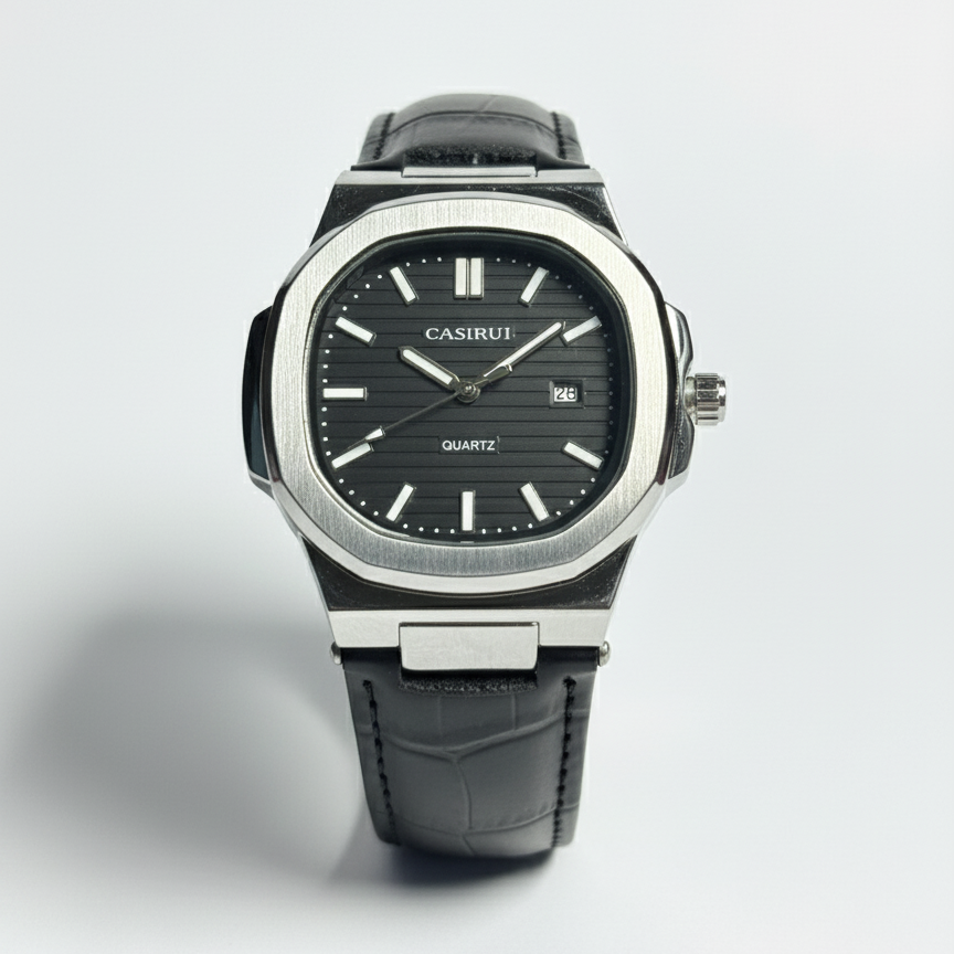 Bold Men's Quartz Watch with Black Croc-Style Strap