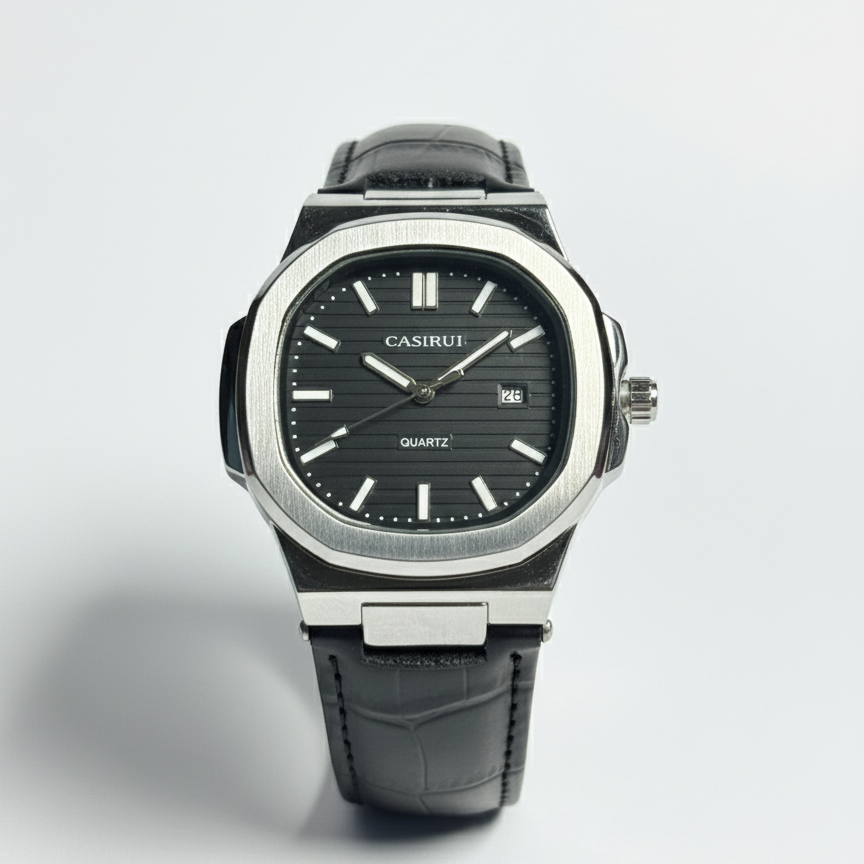 Two-Tone Men's Watch with Textured Brown Teak Dial and Leather Strap